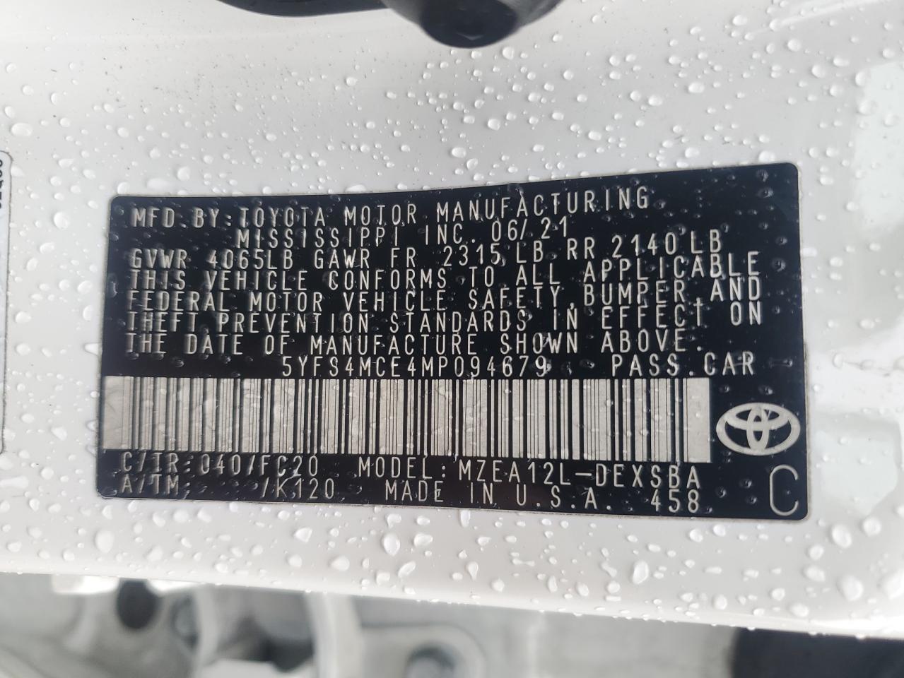 2021 Toyota Corolla Se VIN: 5YFS4MCE4MP094679 Lot: 86149865