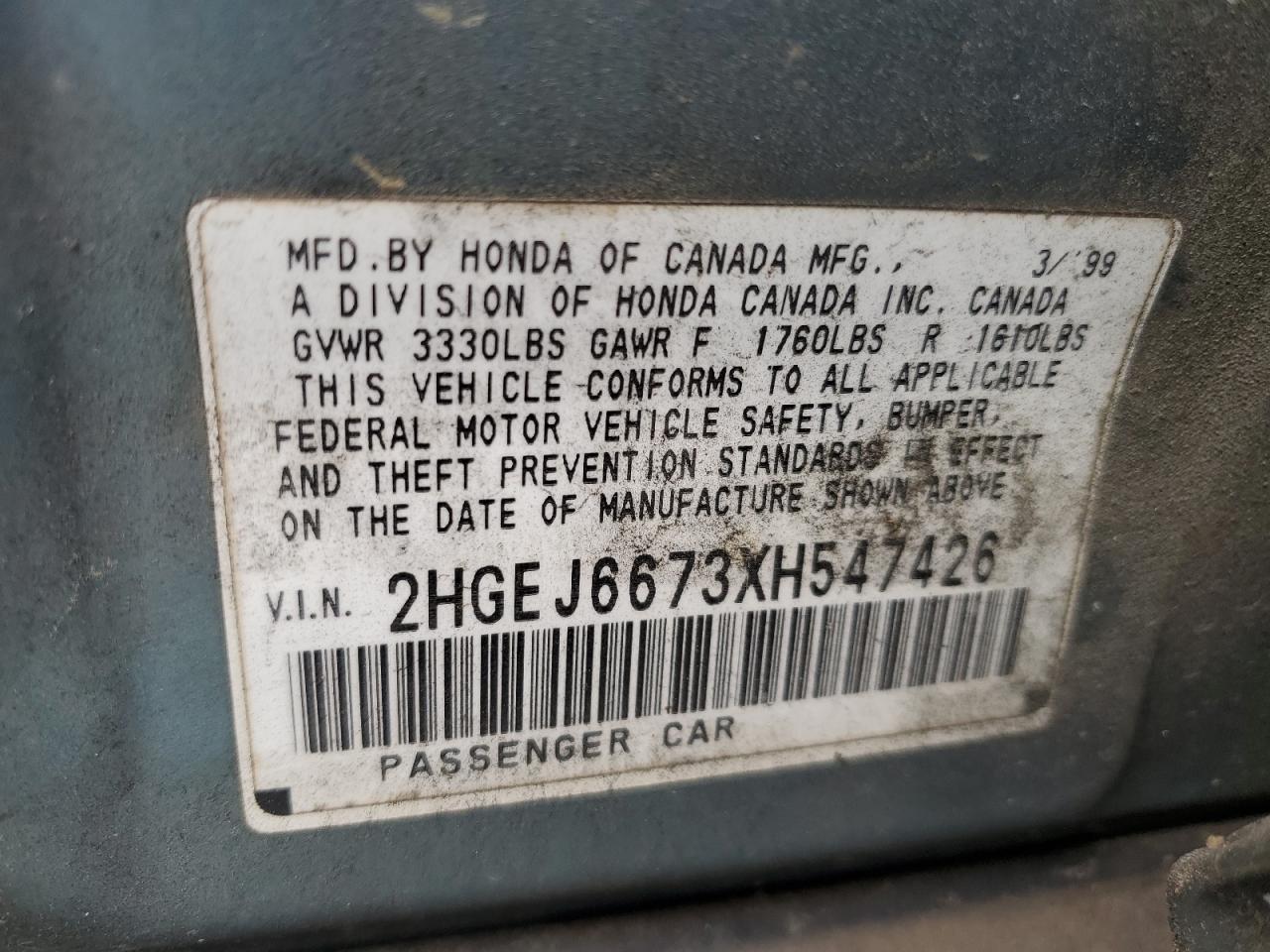 1999 Honda Civic Lx VIN: 2HGEJ6673XH547426 Lot: 82313665