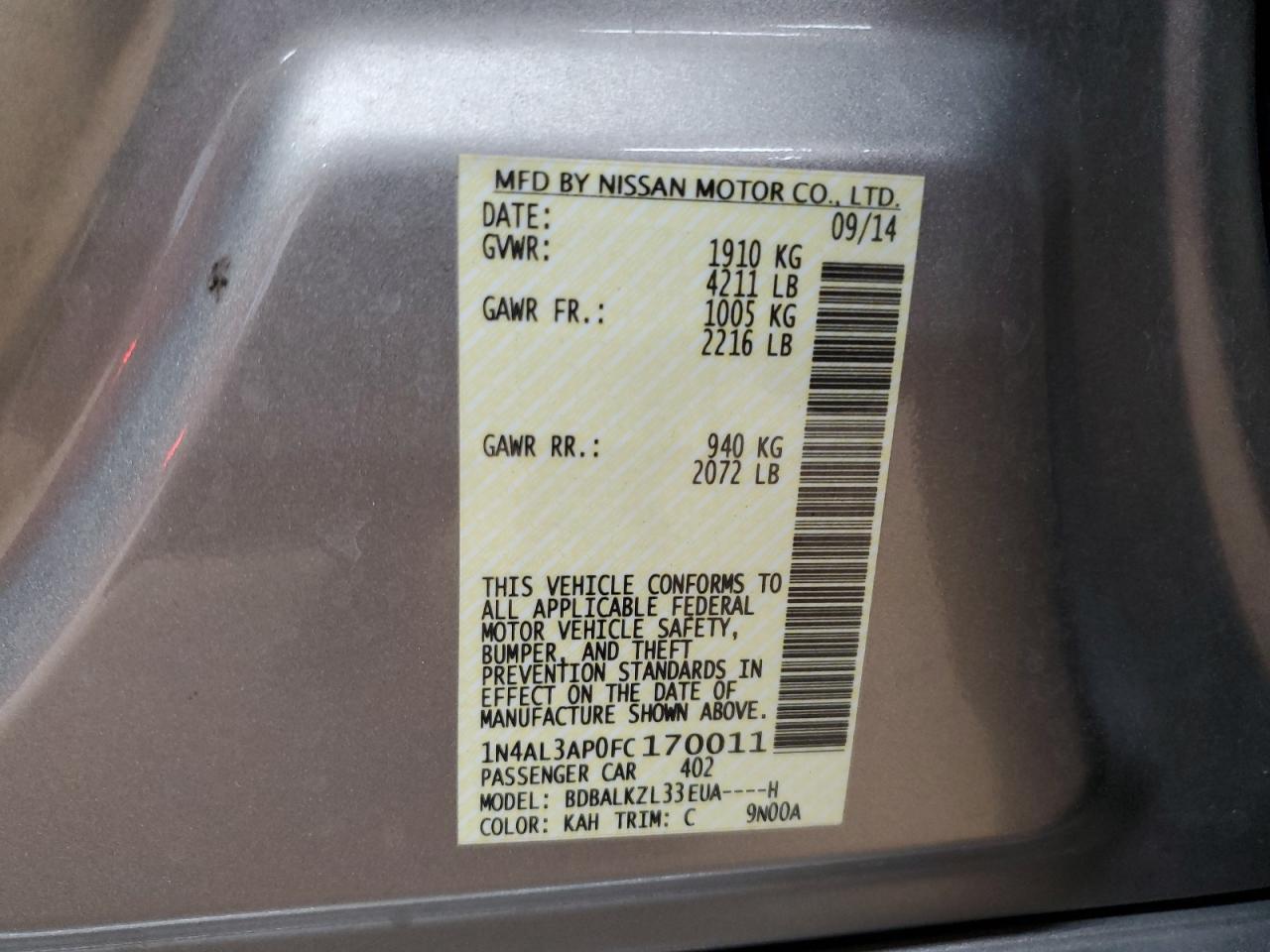 2015 Nissan Altima 2.5 VIN: 1N4AL3AP0FC170011 Lot: 85562785