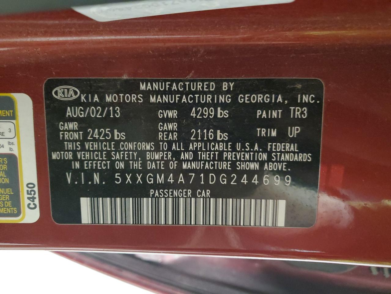 2013 Kia Optima Lx VIN: 5XXGM4A71DG244699 Lot: 82248605