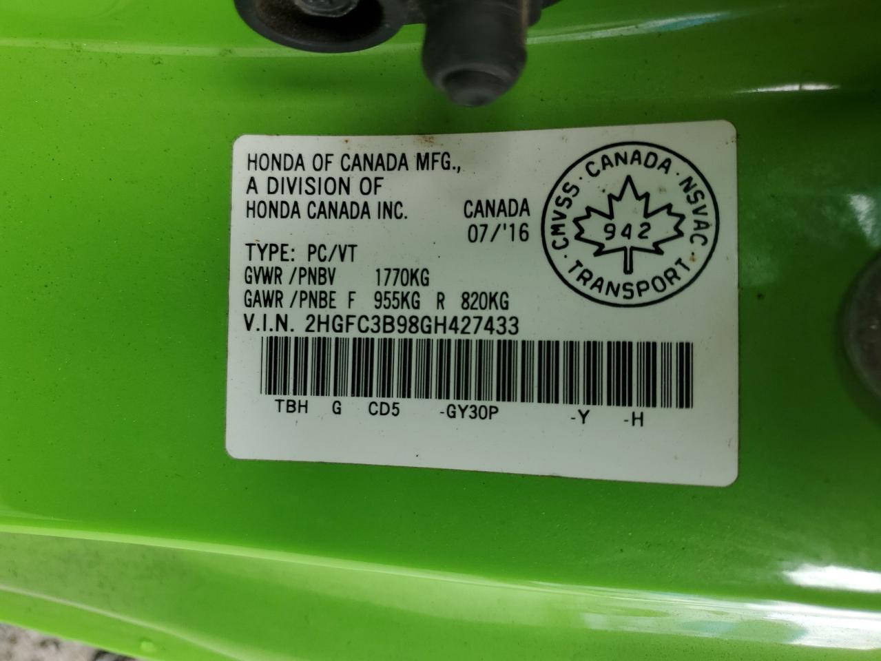 2016 Honda Civic Touring VIN: 2HGFC3B98GH427433 Lot: 84812485