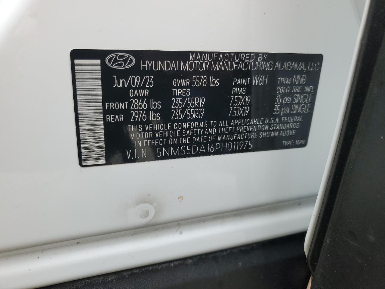 2023 Hyundai Santa Fe Limited VIN: 5NMS5DA16PH011975 Lot: 90034375