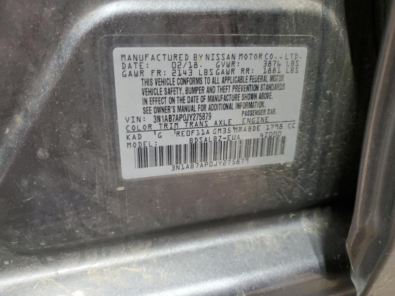 2018 Nissan Sentra S VIN: 3N1AB7AP0JY275879 Lot: 82508755
