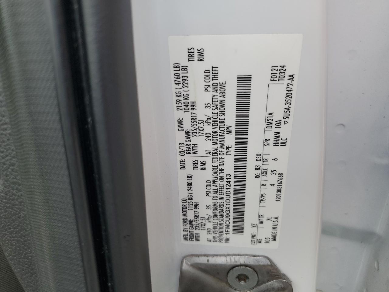 2013 Ford Escape Se VIN: 1FMCU9GX1DUD12413 Lot: 82412655