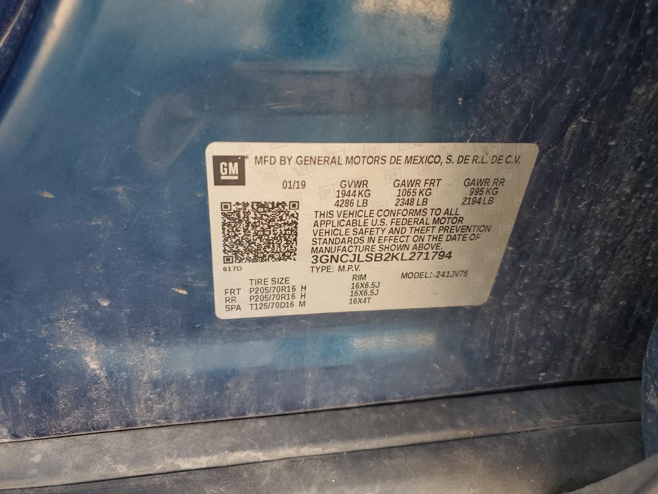 2019 Chevrolet Trax 1Lt VIN: 3GNCJLSB2KL271794 Lot: 85166025