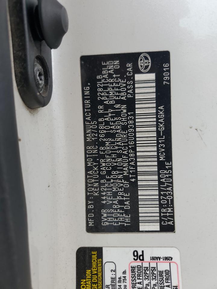 2006 Toyota Camry Solara Se VIN: 4T1FA38P16U093831 Lot: 89565875