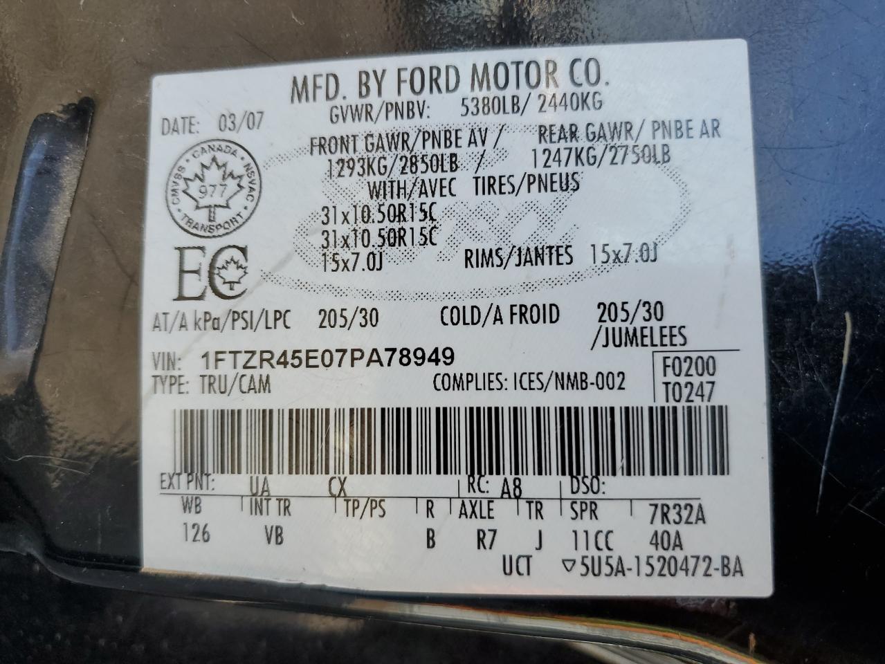 2007 Ford Ranger Super Cab VIN: 1FTZR45E07PA78949 Lot: 80364135