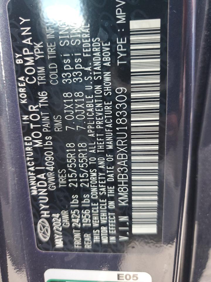 2024 Hyundai Kona Sel VIN: KM8HB3ABXRU183309 Lot: 86074535