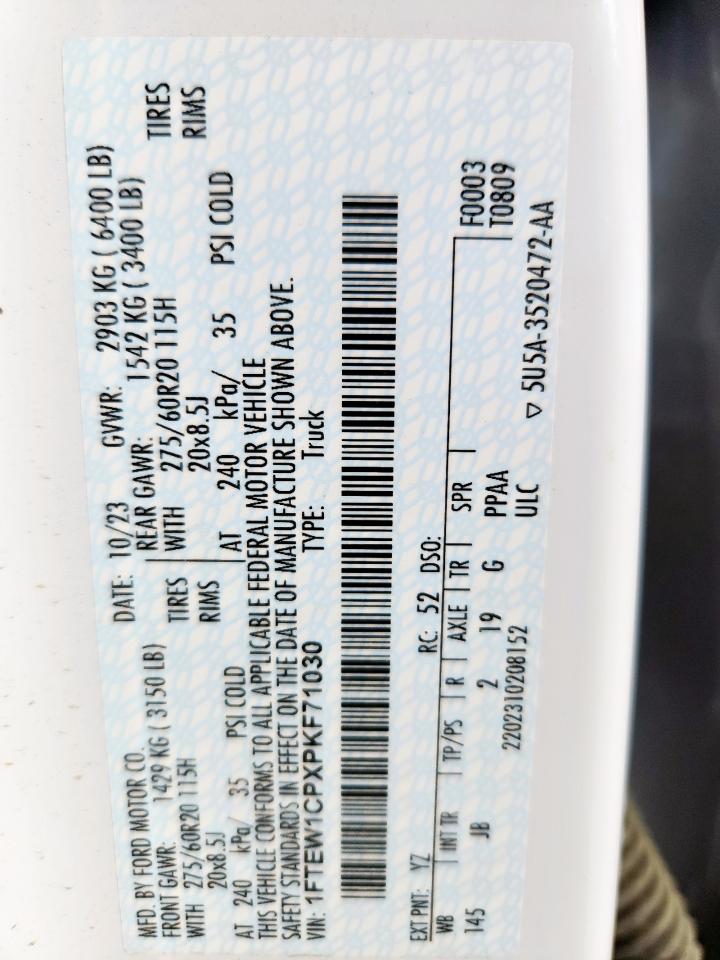 2023 Ford F150 Supercrew VIN: 1FTEW1CPXPKF71030 Lot: 90025945