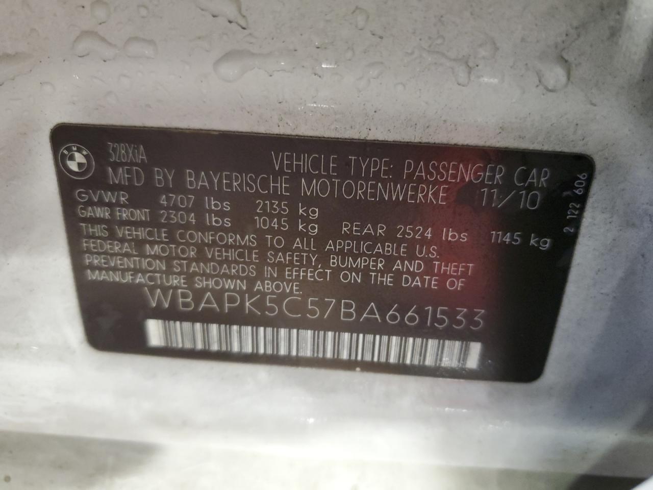 2011 BMW 328 Xi Sulev VIN: WBAPK5C57BA661533 Lot: 86296525