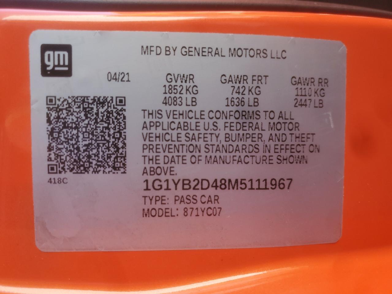 2021 Chevrolet Corvette Stingray 2Lt VIN: 1G1YB2D48M5111967 Lot: 84361445