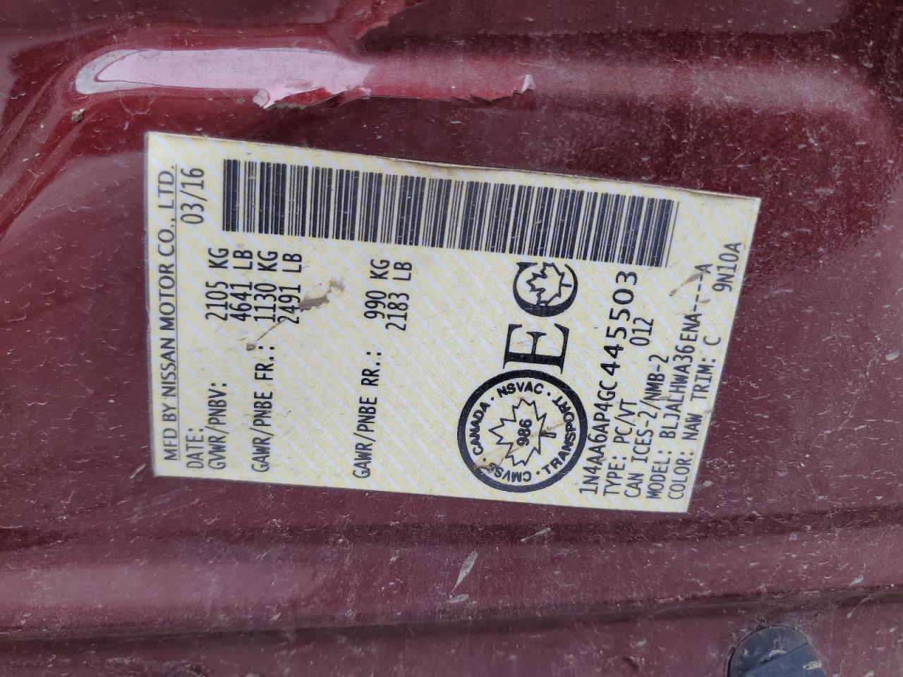 2016 Nissan Maxima 3.5S VIN: 1N4AA6AP4GC445503 Lot: 90544705