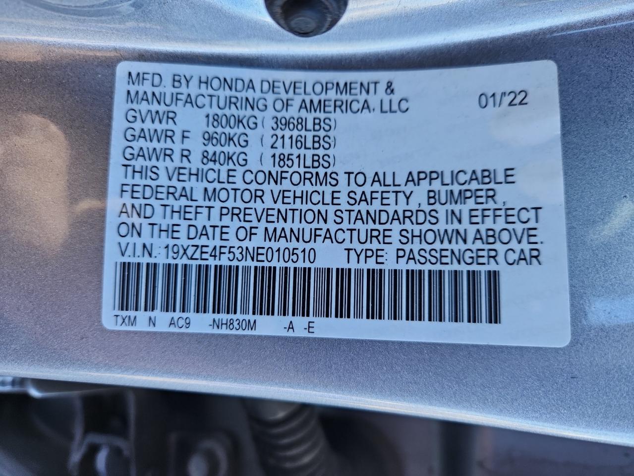 2022 Honda Insight Ex VIN: 19XZE4F53NE010510 Lot: 85538585