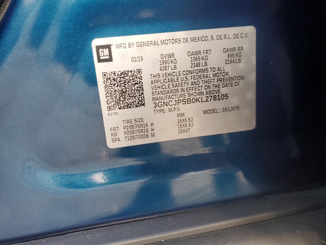 2019 Chevrolet Trax 1Lt VIN: 3GNCJPSB0KL278105 Lot: 85532605