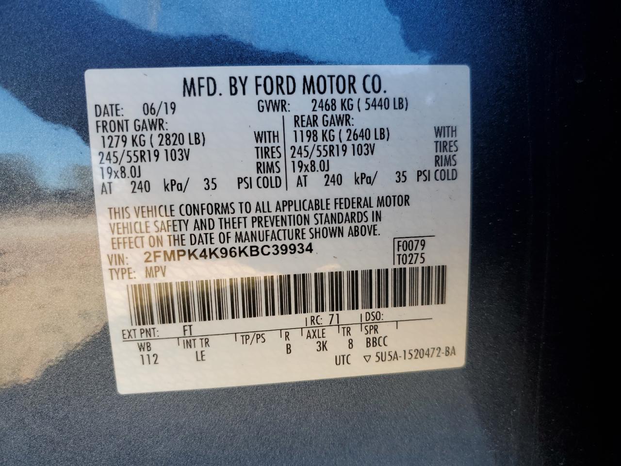 2019 Ford Edge Titanium VIN: 2FMPK4K96KBC39934 Lot: 89734375