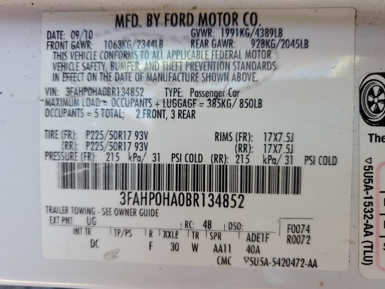 2011 Ford Fusion Se VIN: 3FAHP0HA0BR134852 Lot: 87090775