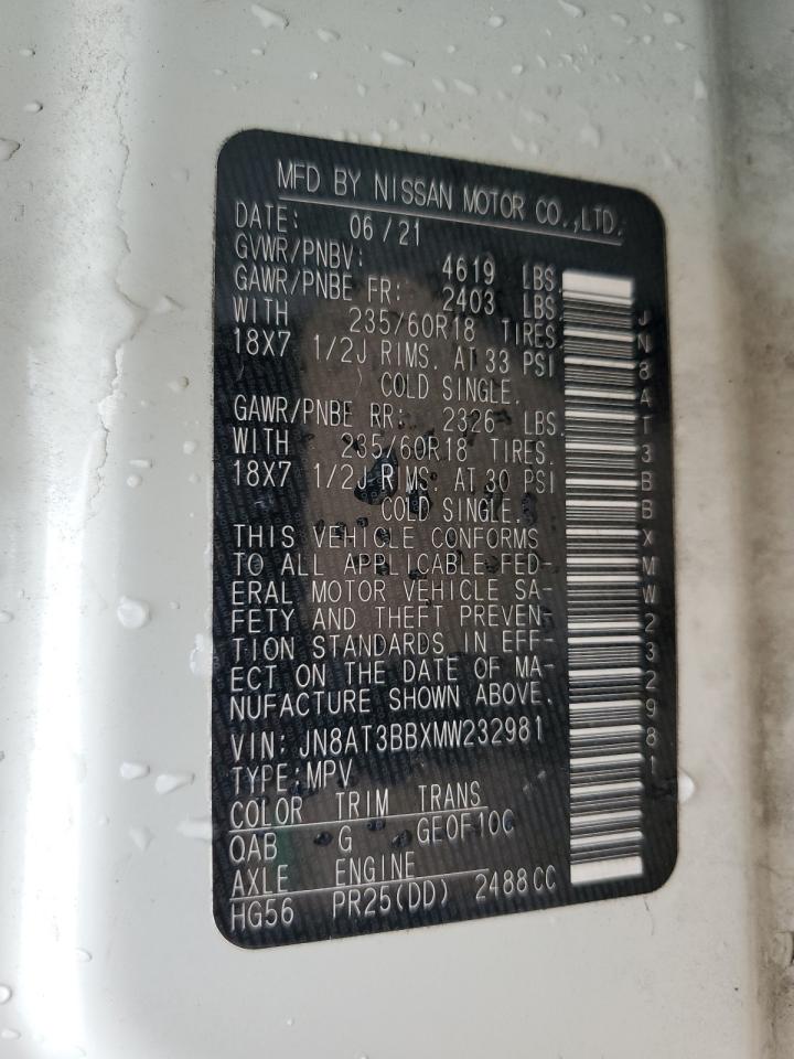 2021 Nissan Rogue Sv VIN: JN8AT3BBXMW232981 Lot: 86528995