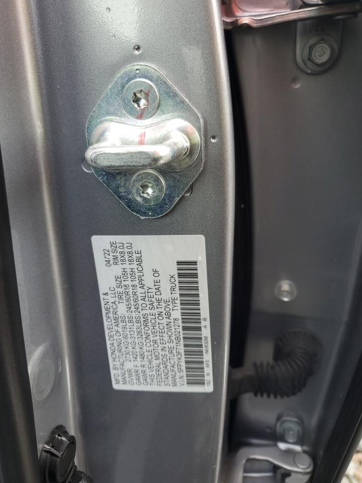 2022 Honda Ridgeline Rtl VIN: 5FPYK3F71NB021278 Lot: 85102255