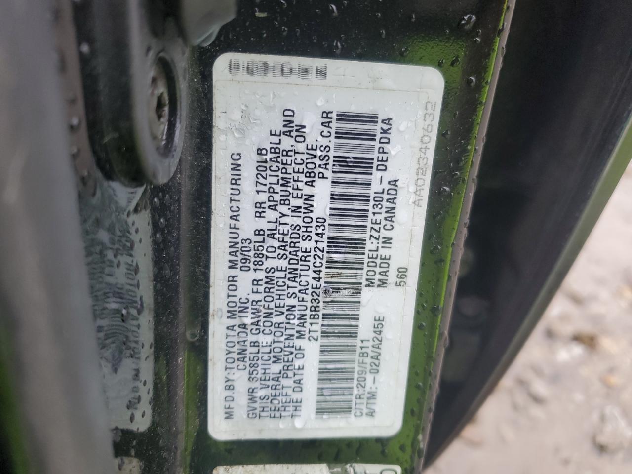 2004 Toyota Corolla Ce VIN: 2T1BR32E44C221430 Lot: 85855085