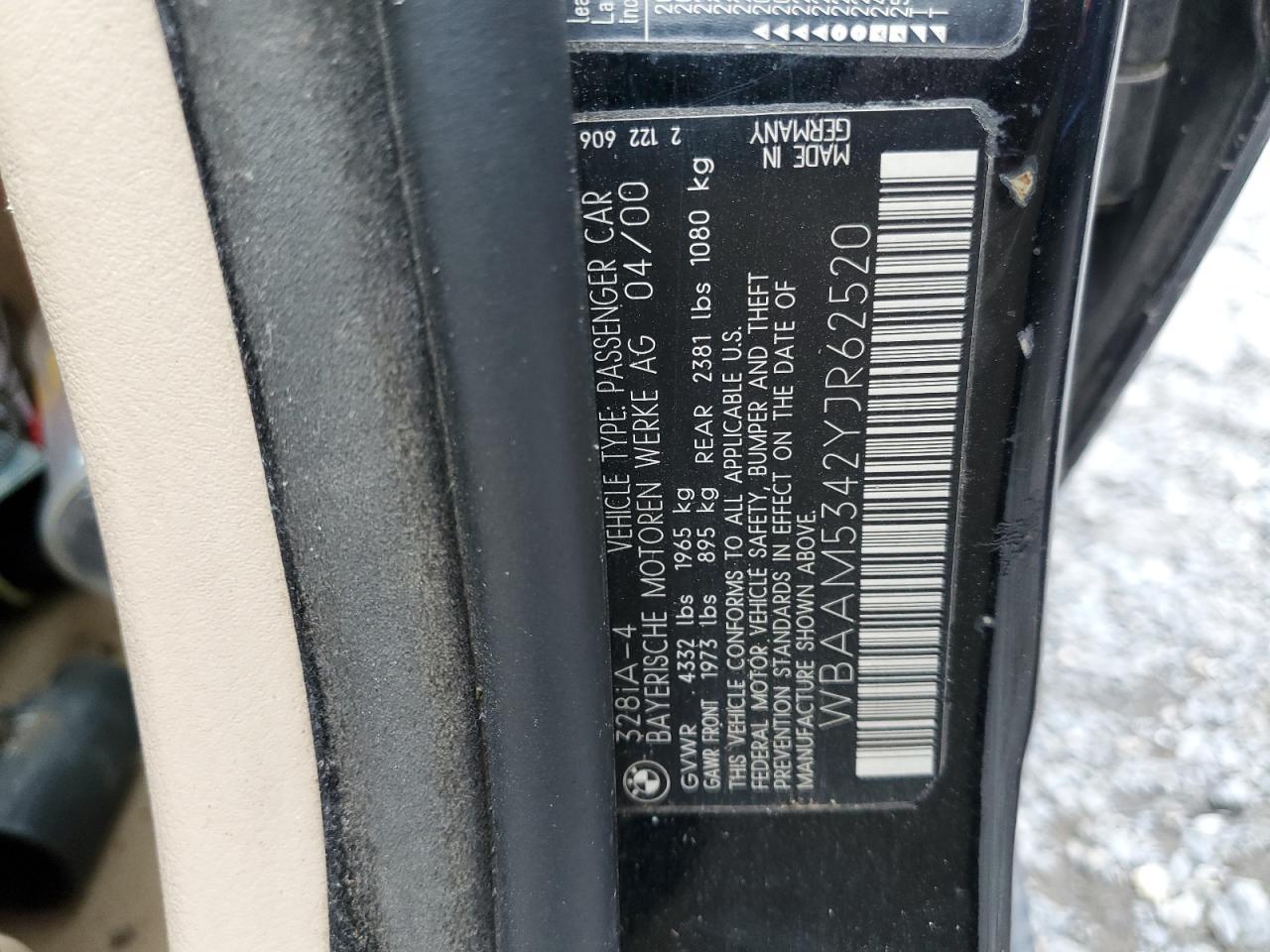 2000 BMW 328 I VIN: WBAAM5342YJR62520 Lot: 82407975