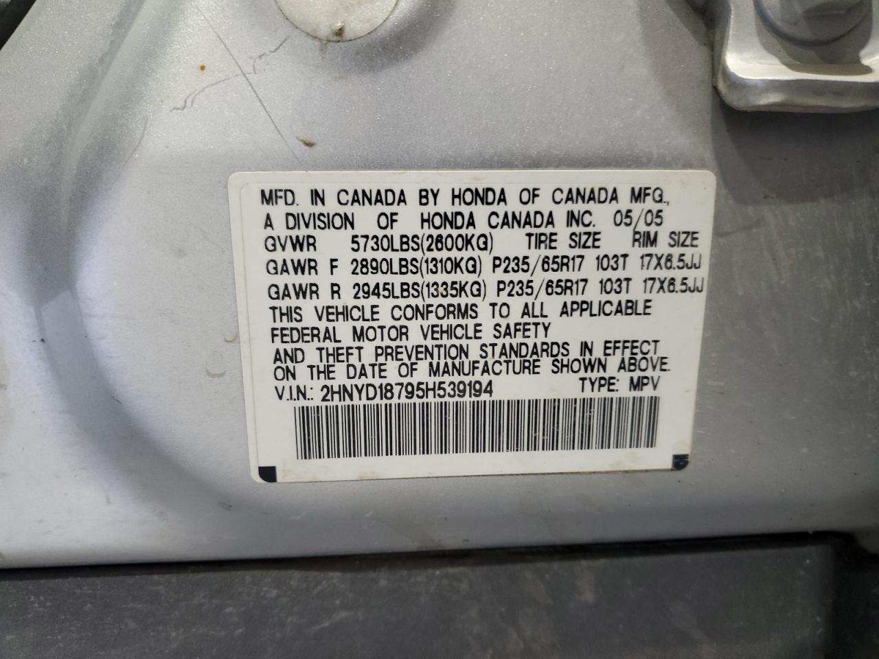 2005 Acura Mdx Touring VIN: 2HNYD18795H539194 Lot: 85911325