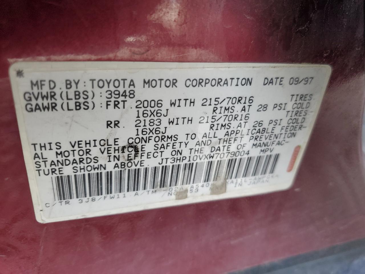 1998 Toyota Rav4 VIN: JT3HP10VXW7079004 Lot: 84960435