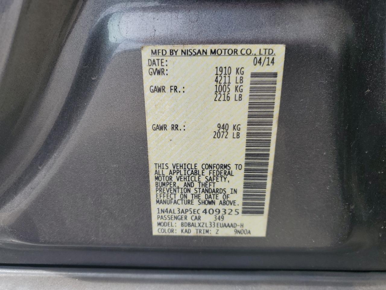 2014 Nissan Altima 2.5 VIN: 1N4AL3AP5EC409325 Lot: 82311665