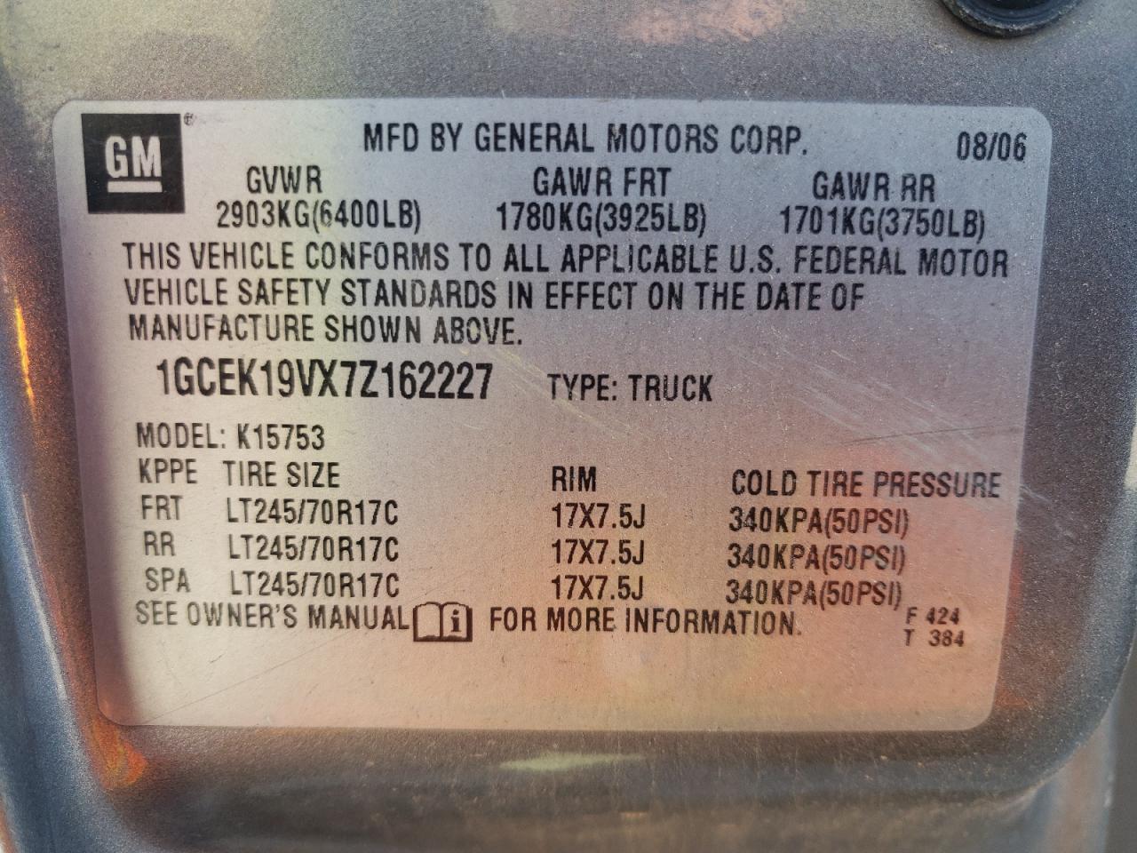 2007 Chevrolet Silverado K1500 Classic VIN: 1GCEK19VX7Z162227 Lot: 82424605