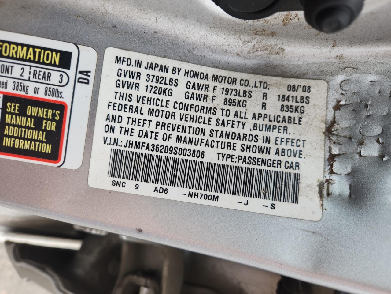 2009 Honda Civic Hybrid VIN: JHMFA36209S003806 Lot: 82329845