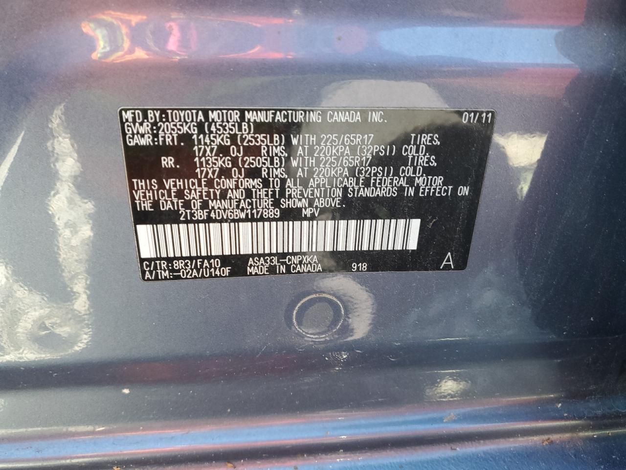 2011 Toyota Rav4 VIN: 2T3BF4DV6BW117889 Lot: 85950255