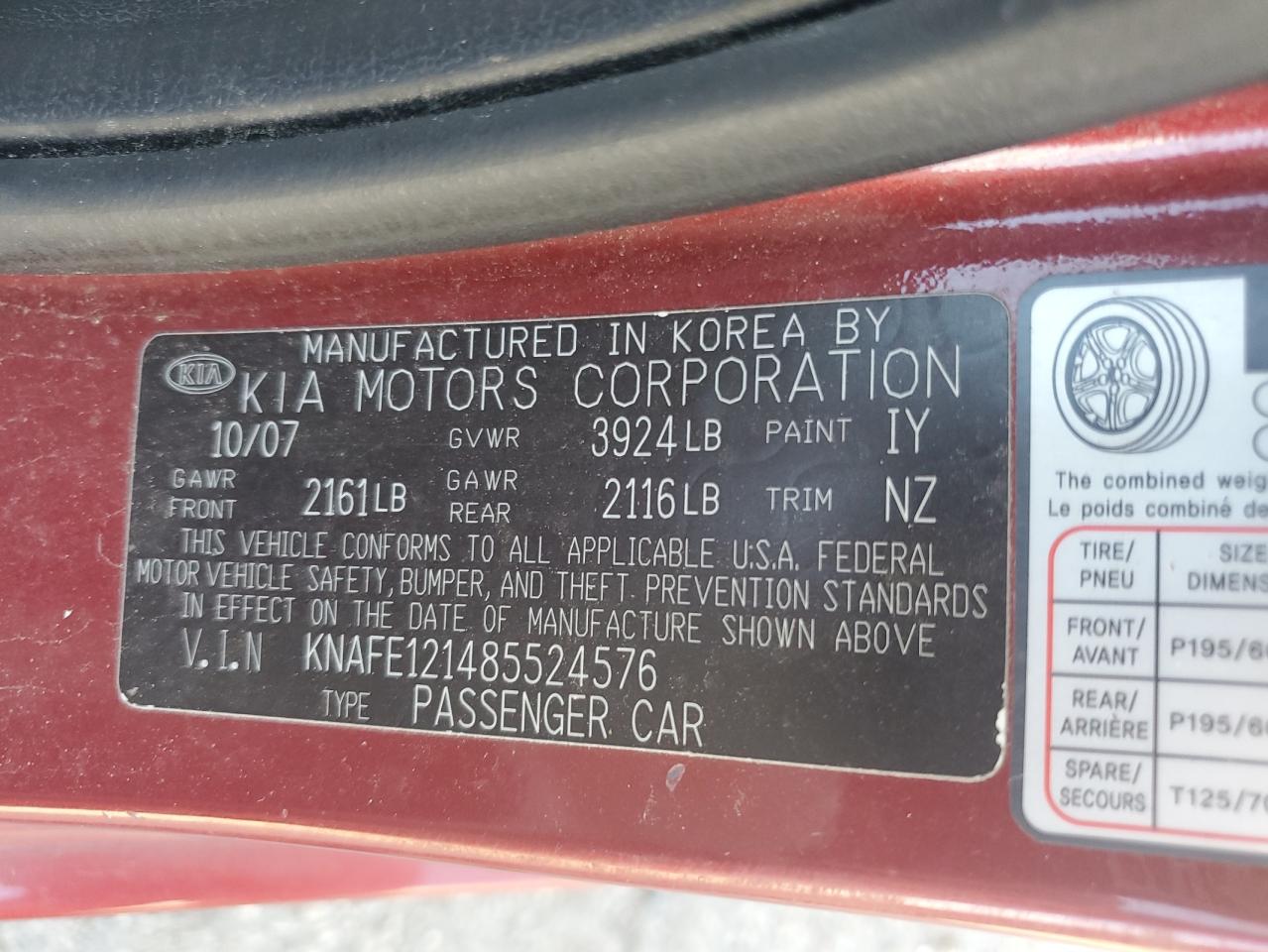 2008 Kia Spectra Ex VIN: KNAFE121485524576 Lot: 82284165