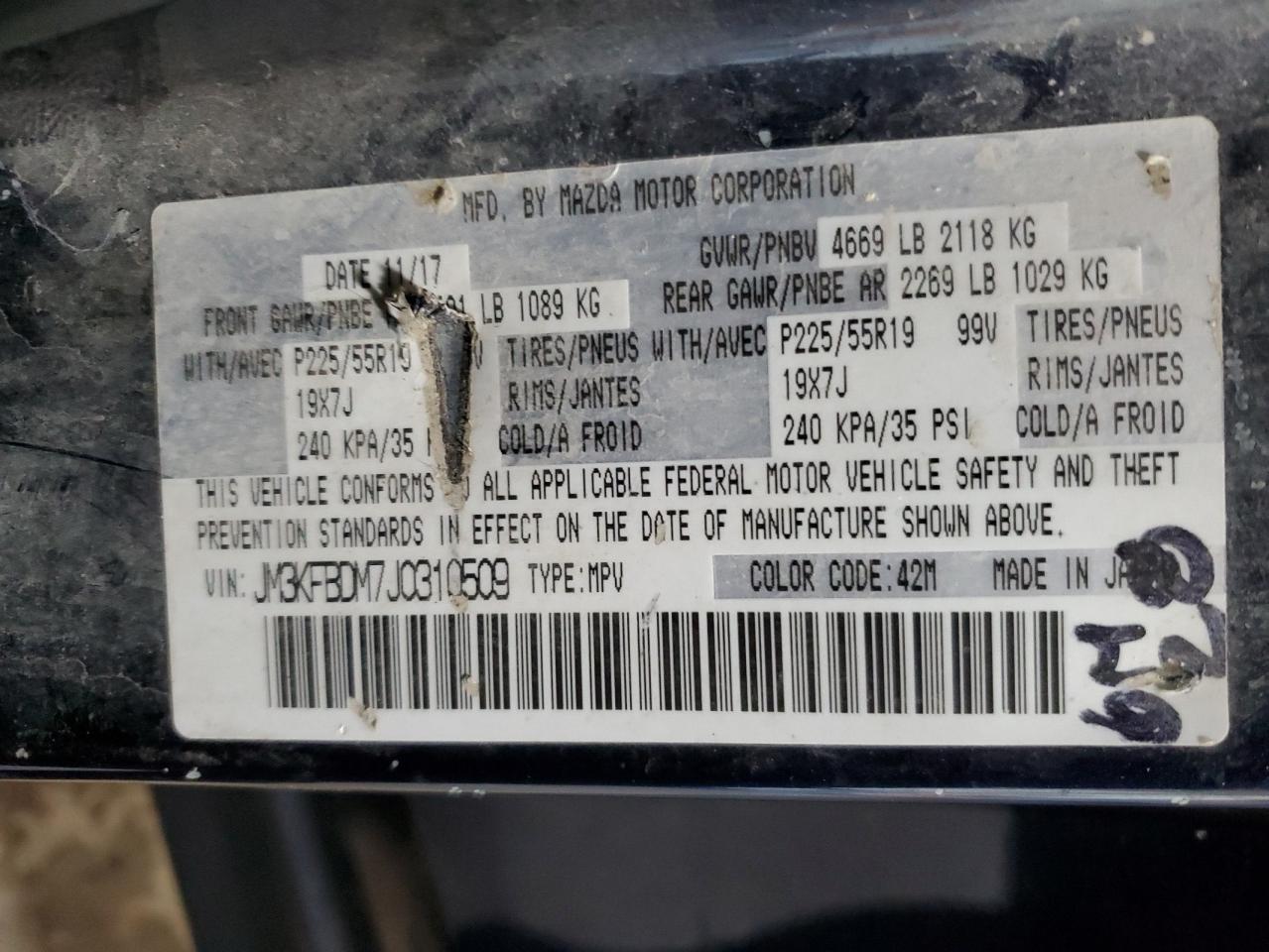 2018 Mazda Cx-5 Grand Touring VIN: JM3KFBDM7J0310509 Lot: 86100095