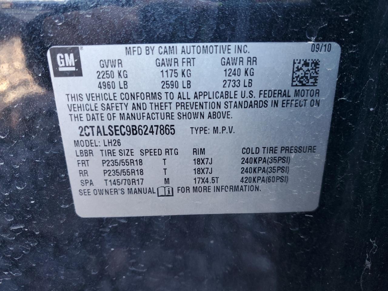 2011 GMC Terrain Sle VIN: 2CTALSEC9B6247865 Lot: 87260155