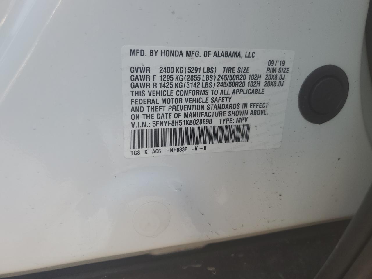 2019 Honda Passport Exl VIN: 5FNYF8H51KB028698 Lot: 86539305