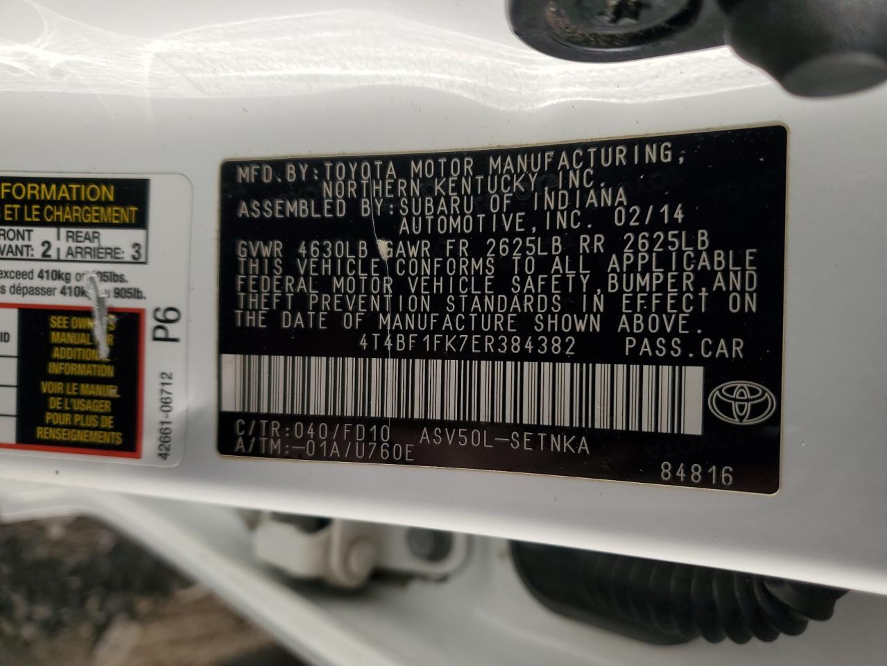 2014 Toyota Camry L VIN: 4T4BF1FK7ER384382 Lot: 82174795