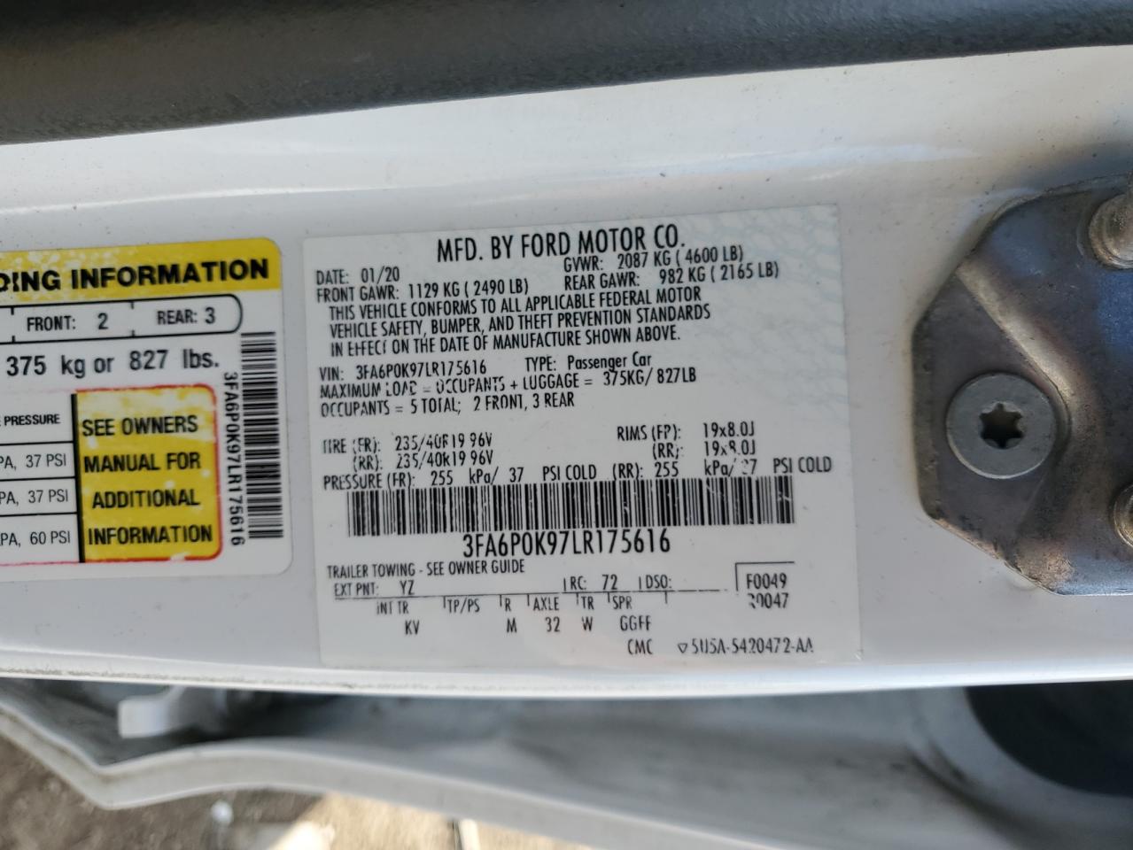 2020 Ford Fusion Titanium VIN: 3FA6P0K97LR175616 Lot: 87282725