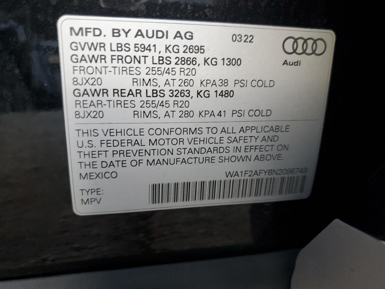 2022 Audi Q5 E Prestige 55 VIN: WA1F2AFY6N2086749 Lot: 82770845