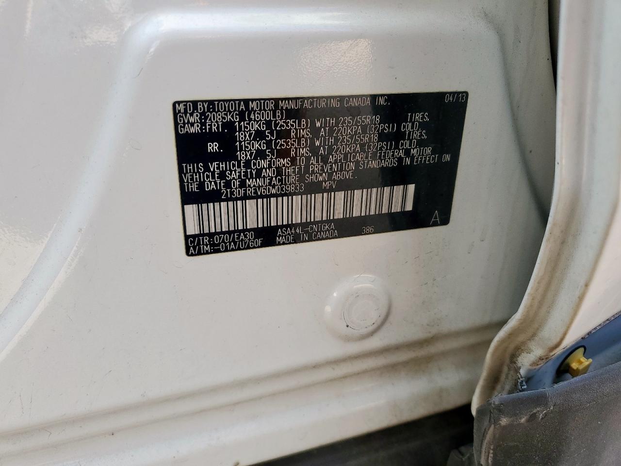 2013 Toyota Rav4 Limited VIN: 2T3DFREV6DW039833 Lot: 84181955