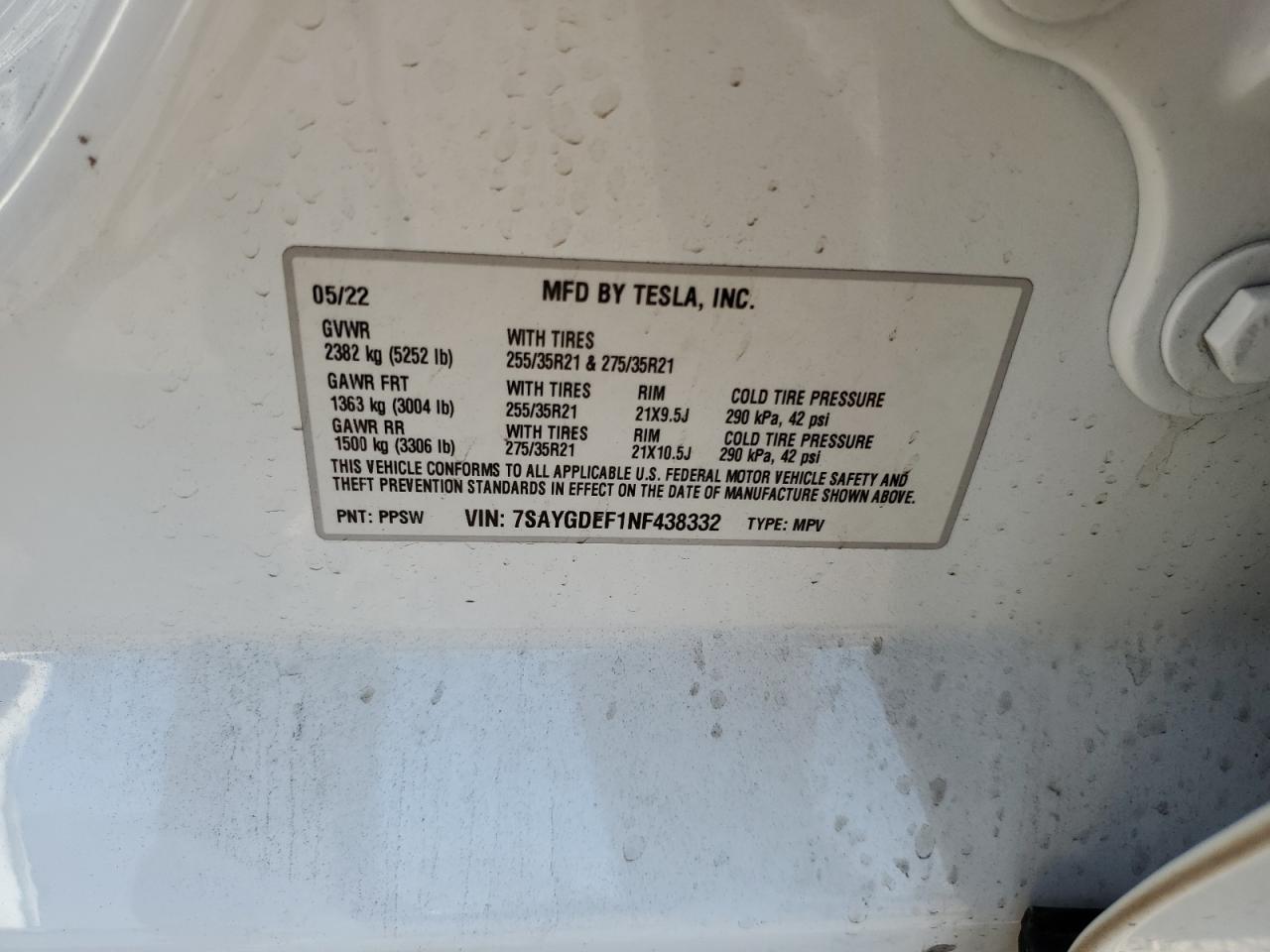 2022 Tesla Model Y VIN: 7SAYGDEF1NF438332 Lot: 84586025