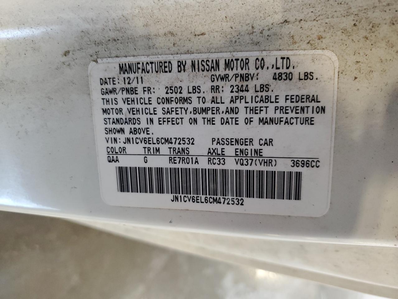 2012 Infiniti G37 VIN: JN1CV6EL6CM472532 Lot: 85338275