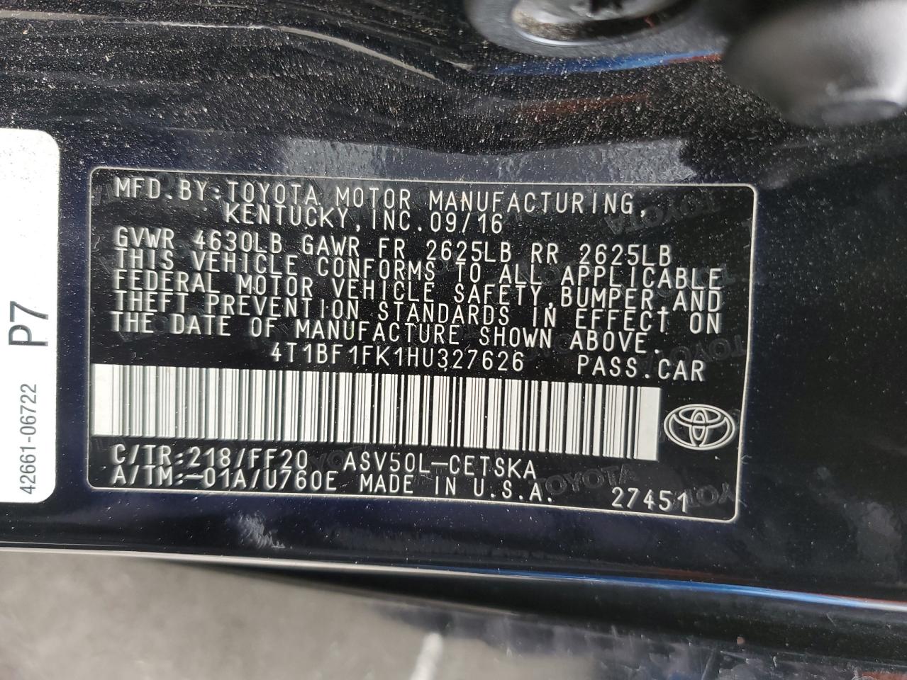 2017 Toyota Camry Le VIN: 4T1BF1FK1HU327626 Lot: 85201825