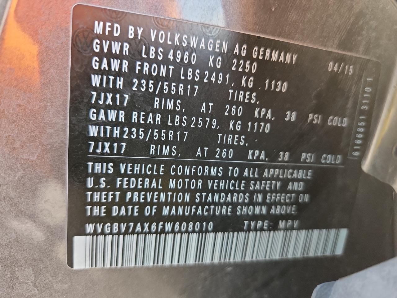 2015 Volkswagen Tiguan S VIN: WVGBV7AX6FW608010 Lot: 86710105