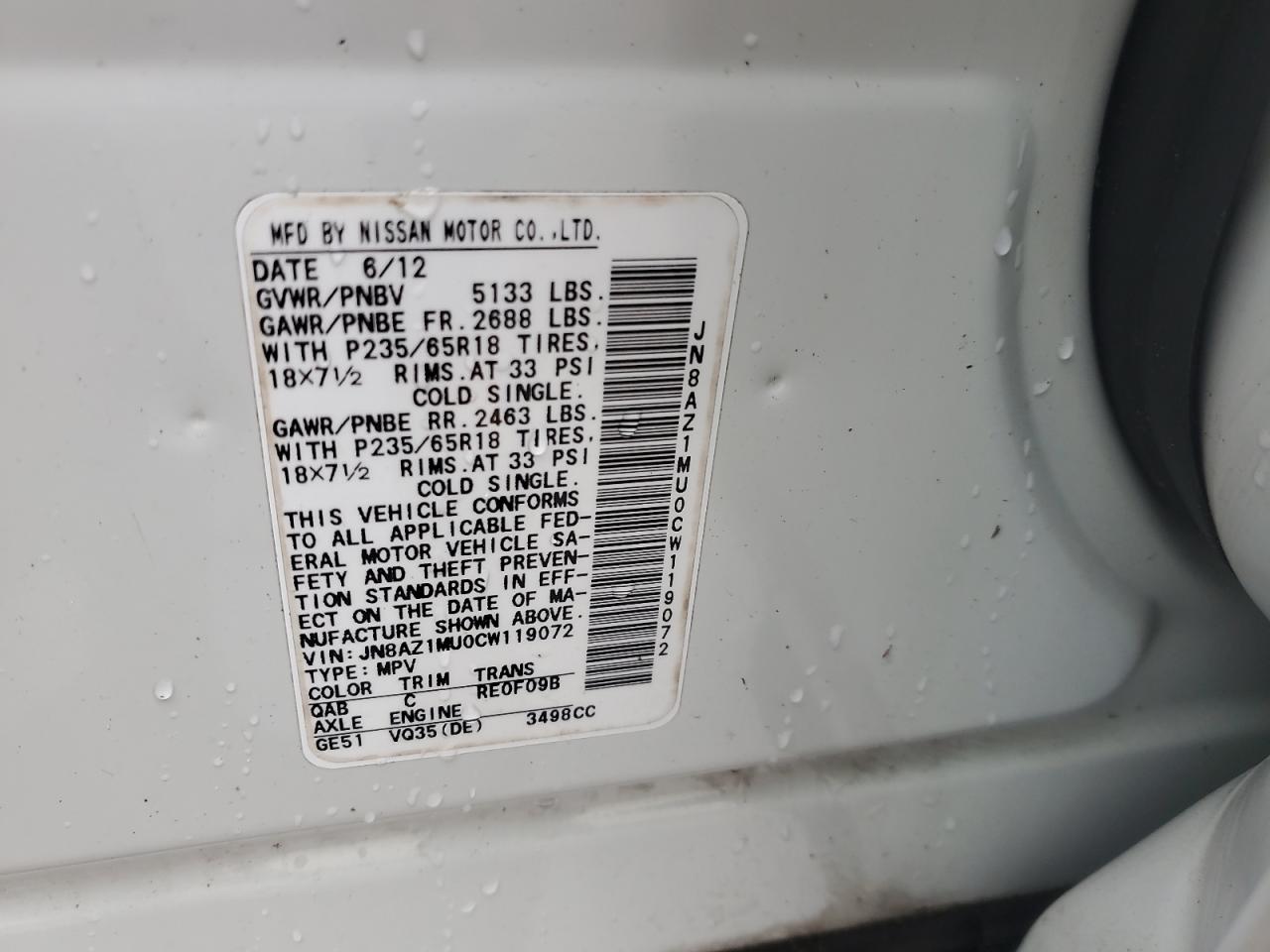 2012 Nissan Murano S VIN: JN8AZ1MU0CW119072 Lot: 89861475