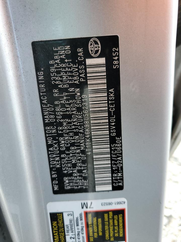 2008 Toyota Camry Le VIN: 4T1BK46K98U562319 Lot: 82224525