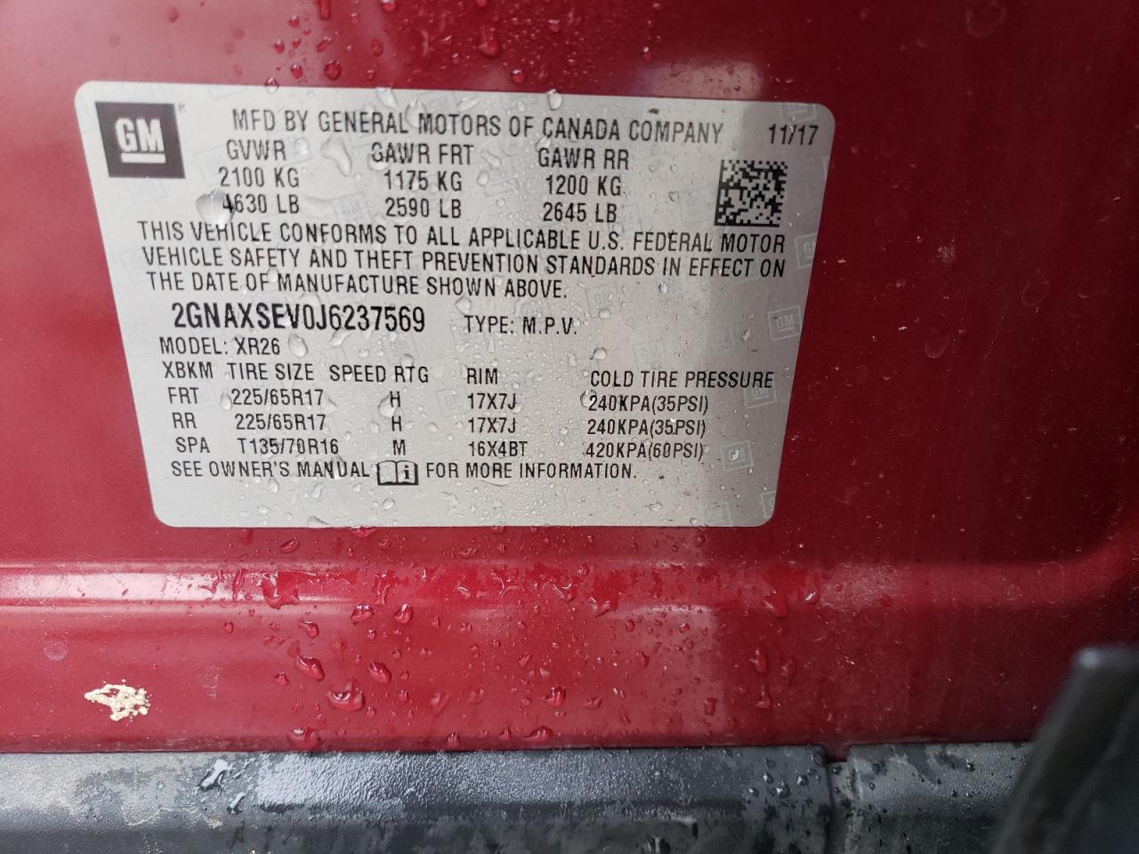 2018 Chevrolet Equinox Lt VIN: 2GNAXSEV0J6237569 Lot: 85178115