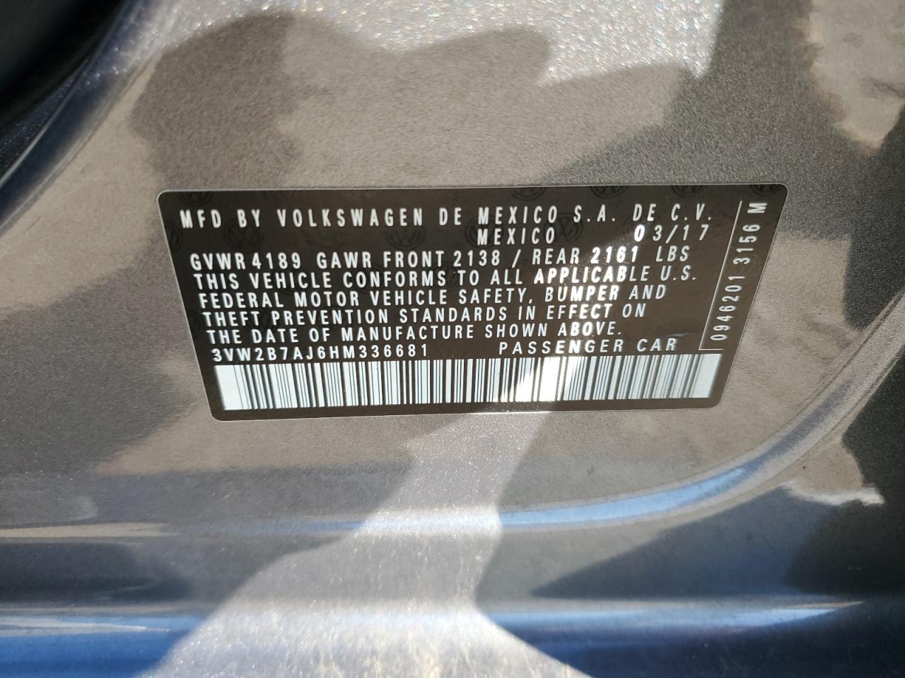 2017 Volkswagen Jetta S VIN: 3VW2B7AJ6HM336681 Lot: 85684015