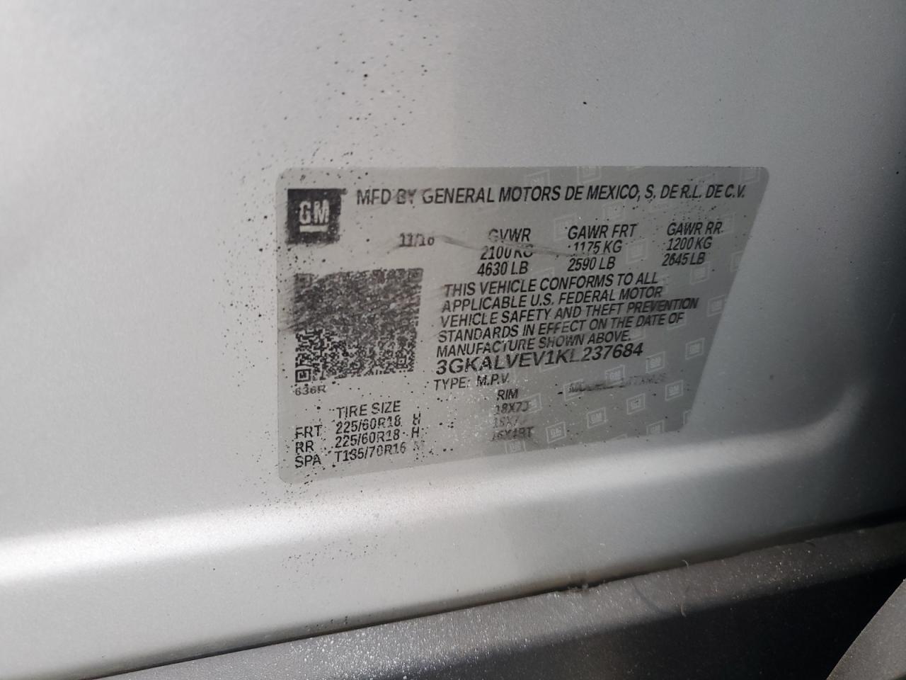 2019 GMC Terrain Slt VIN: 3GKALVEV1KL237684 Lot: 81820335