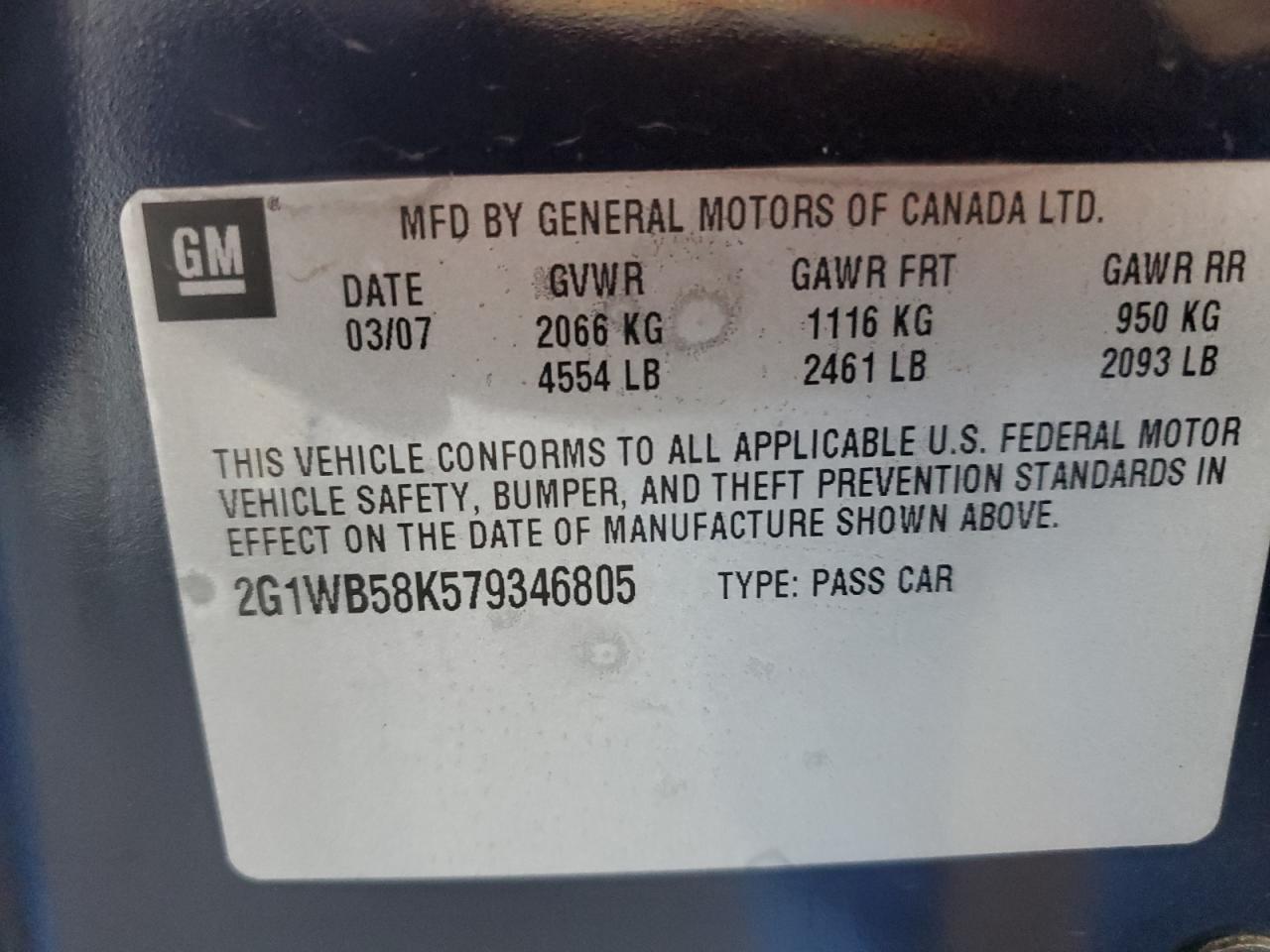 2007 Chevrolet Impala Ls VIN: 2G1WB58K579346805 Lot: 84914925