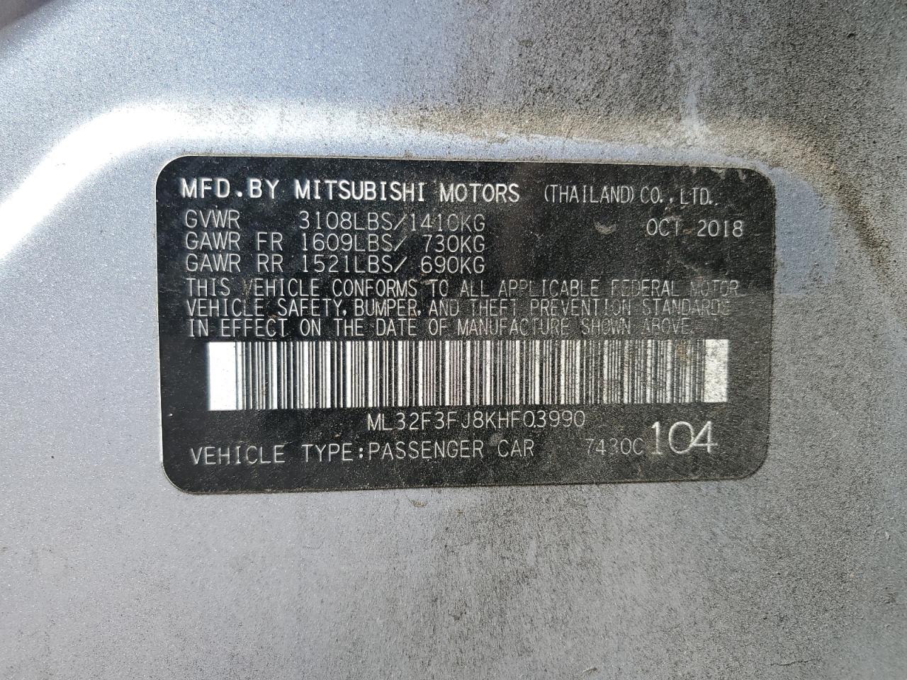 2019 Mitsubishi Mirage G4 Es VIN: ML32F3FJ8KHF03990 Lot: 85727165