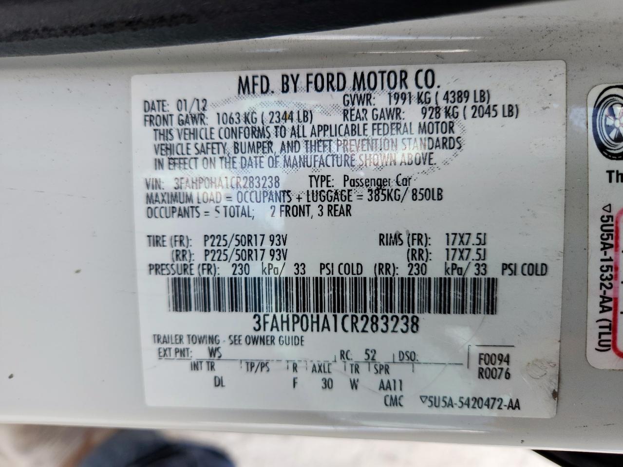 2012 Ford Fusion Se VIN: 3FAHP0HA1CR283238 Lot: 85874395